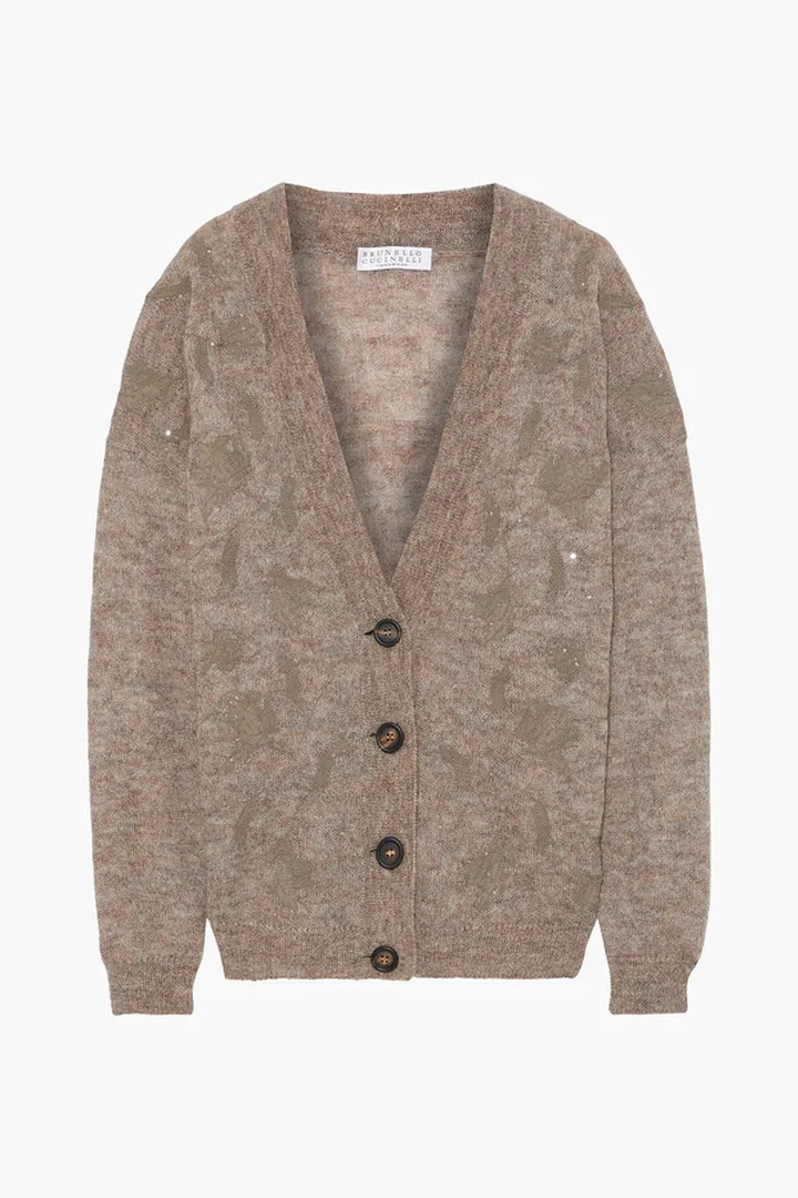 Appliquéd mélange knitted cardigan