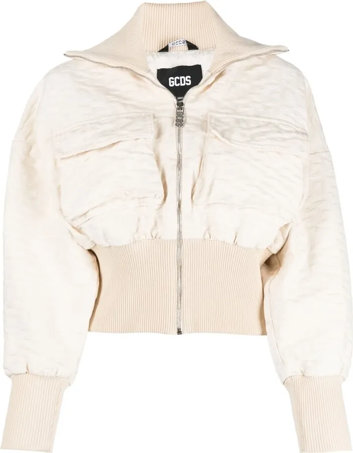 Monogram-Pattern Cropped Bomber Jacket