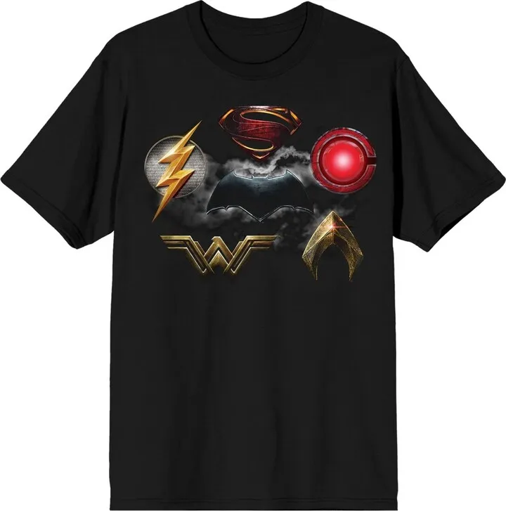 Justice League Movie Superhero Logos Men’s Black T-shirt-Medium