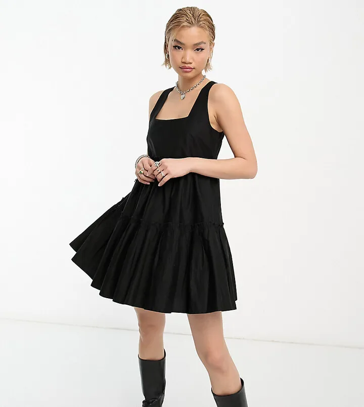 COLLUSION tiered volume mini dress in black