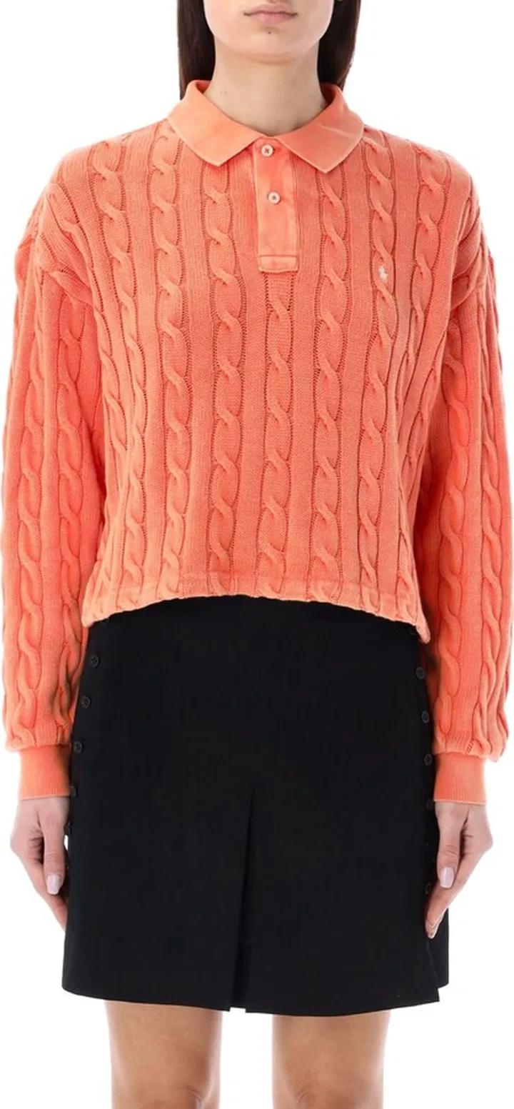 Long-sleeved Cable-knit Polo Shirt