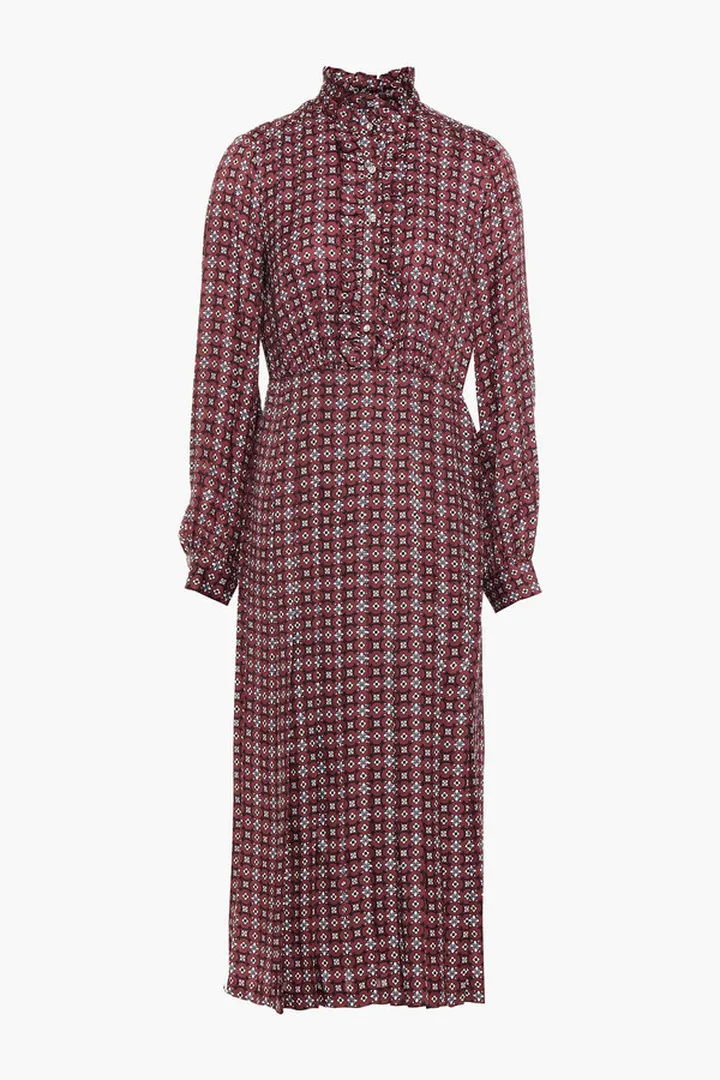Thina ruffle-trimmed printed satin midi dress