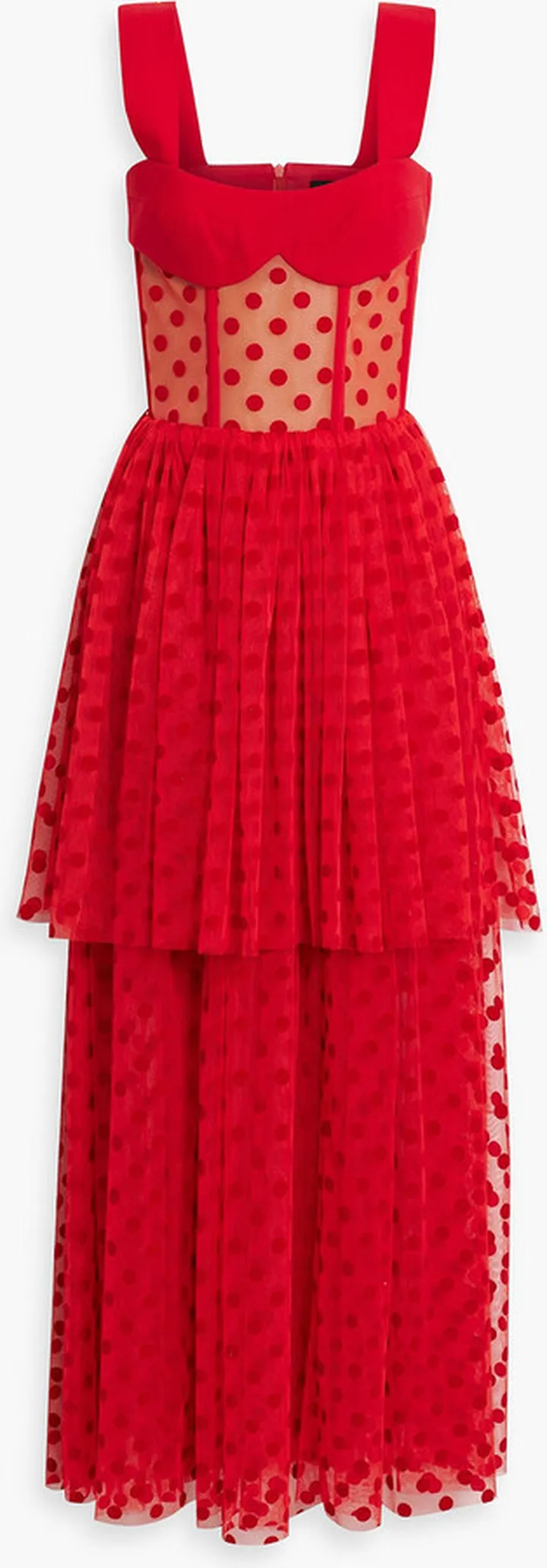 Crepe-paneled polka-dot flocked tulle maxi dress