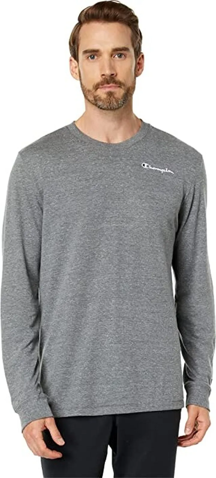 Champion Classic Long Sleeve Powerblend Small Logo Tee (Gun Smoke Heather) Men's Clothing