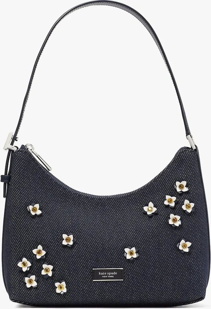 Kate Spade Sam Icon Floral Embellished Denim Small Shoulder Bag