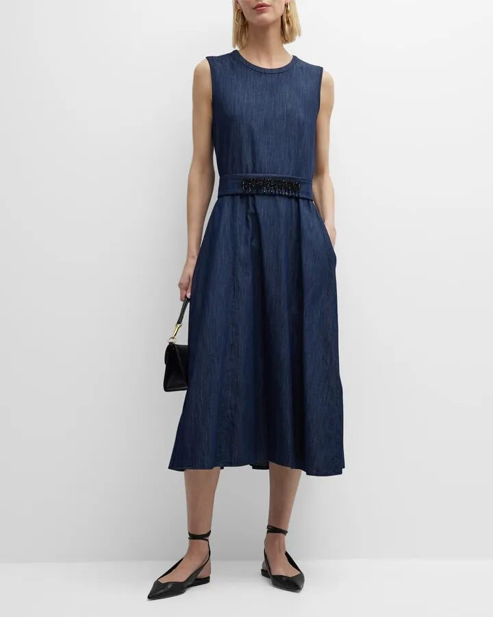 Gin Strass Belted Denim Sleeveless Midi Dress