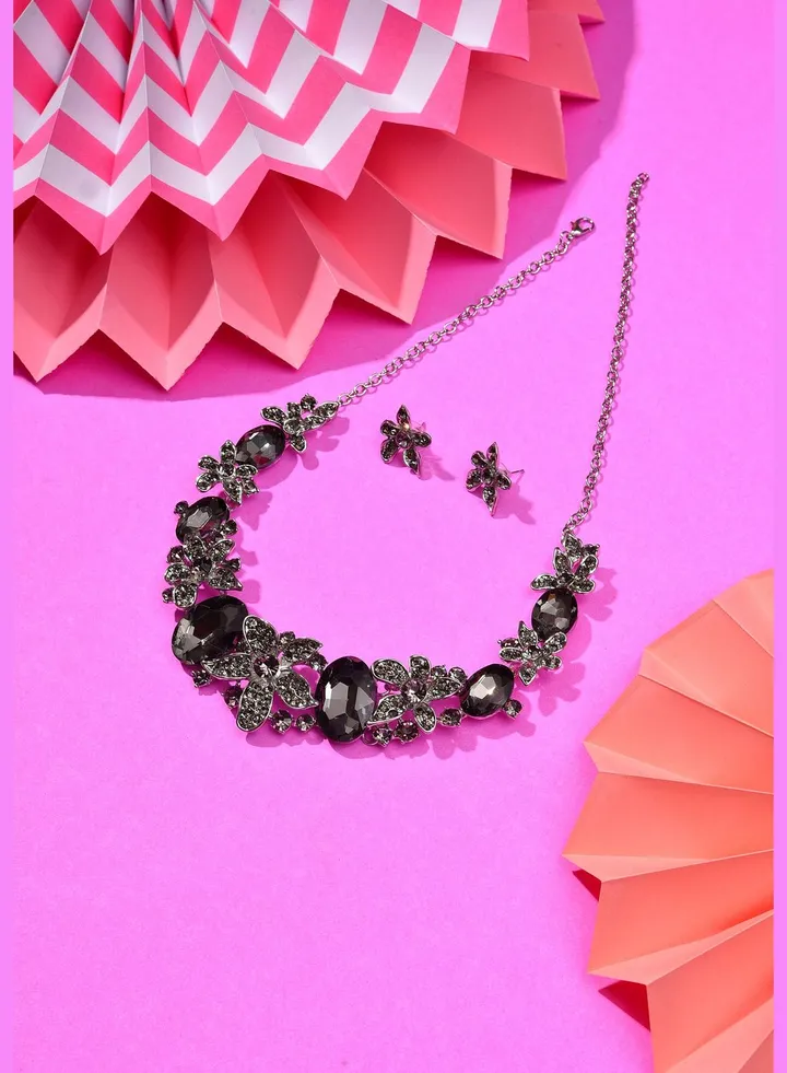 Silver Plated Designer Stone Necklace and Earring Set