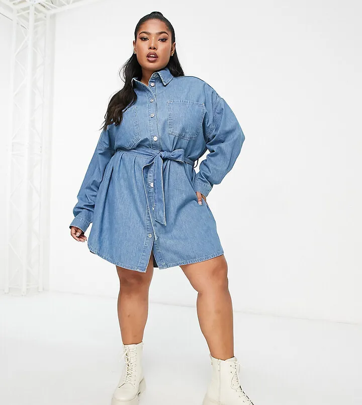 ASOS DESIGN Curve denim belted shirt dress in midwash