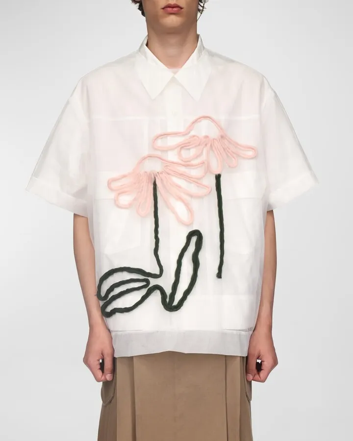 Men's Flower Embroidered Tulle Overlay Shirt
