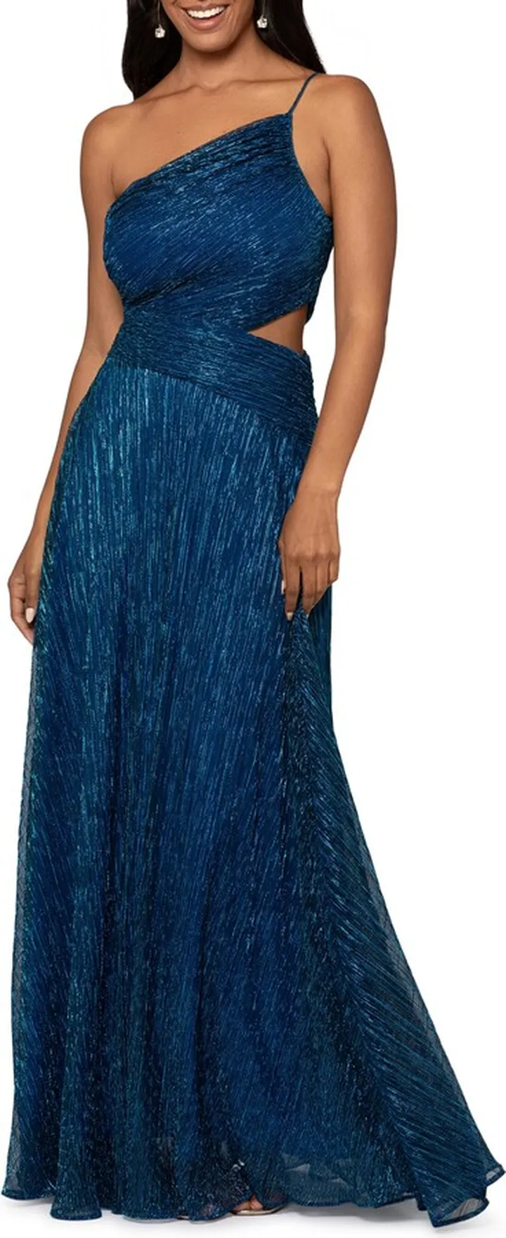 Metallic Foil Cutout One-Shoulder Gown