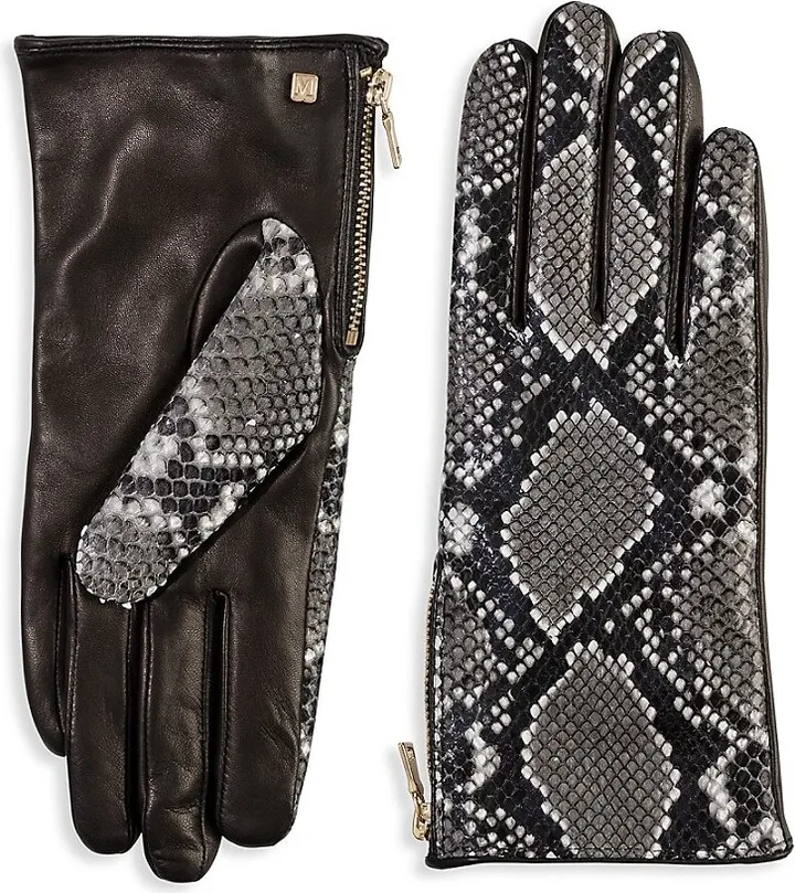Snakeskin Print Leather Gloves