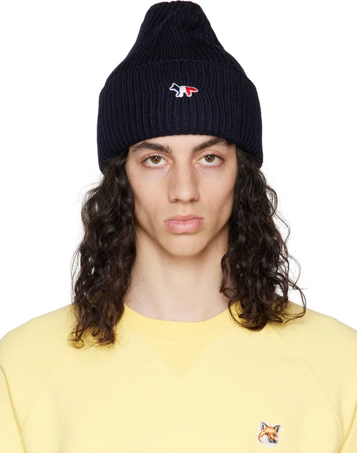 Maison Kitsuné Navy Tricolor Fox Patch Beanie