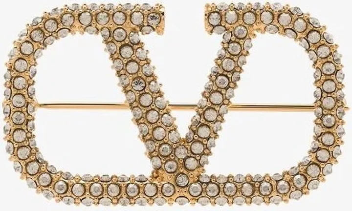 Gold Tone VLogo Signature Crystal Brooch
