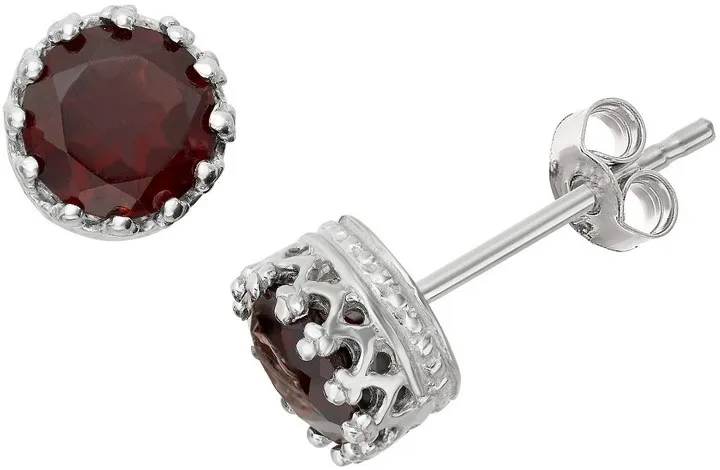 6mm Round-cut Garnet Crown Stud Earrings in Sterling Silver