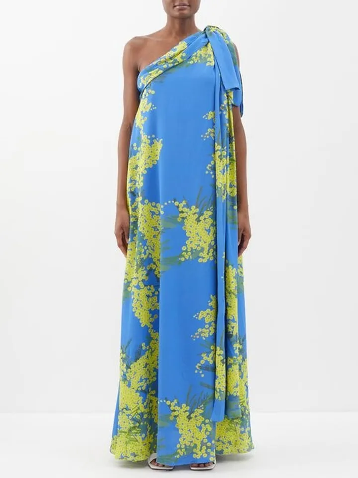 Gala One-shoulder Floral-print Georgette Gown