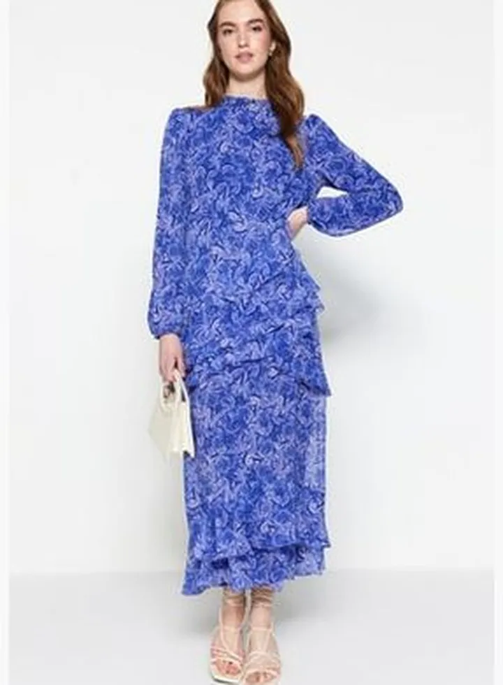 Blue Floral Skirt With Frilly Lined Woven Chiffon Dress TCTSS23EB00160