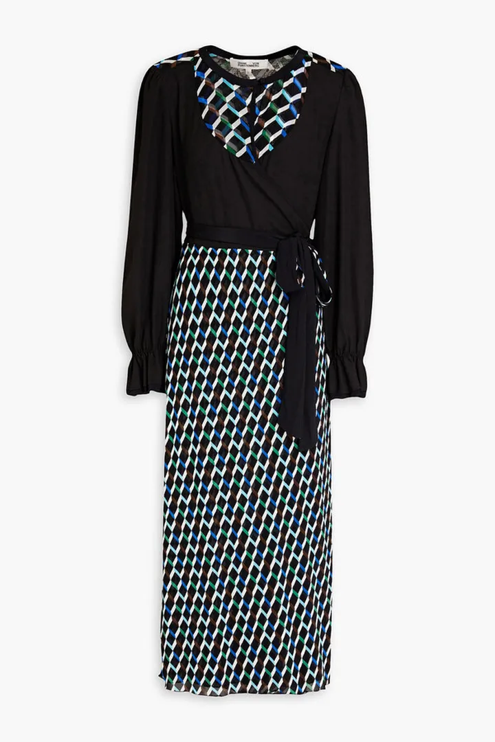Caroline crepe de chine-paneled printed jersey midi dress