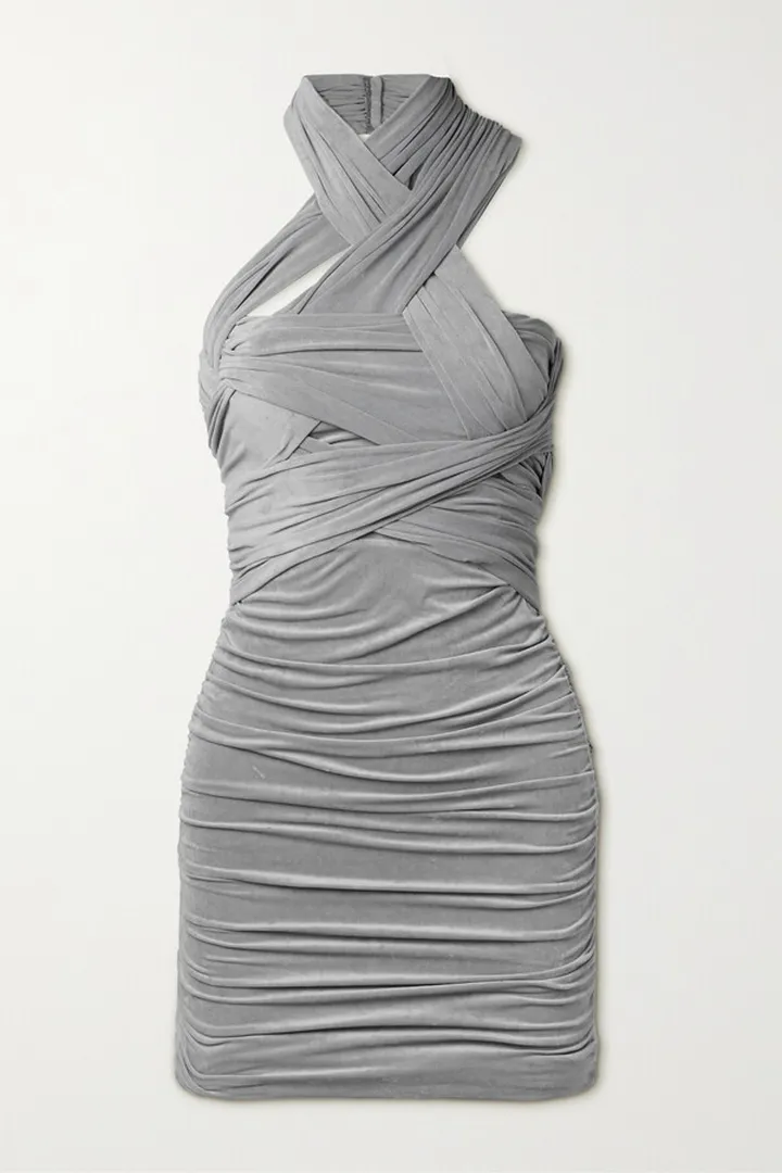 Alexander Wang - Cutout Ruched Faux Stretch-suede Halterneck Mini Dress - Gray