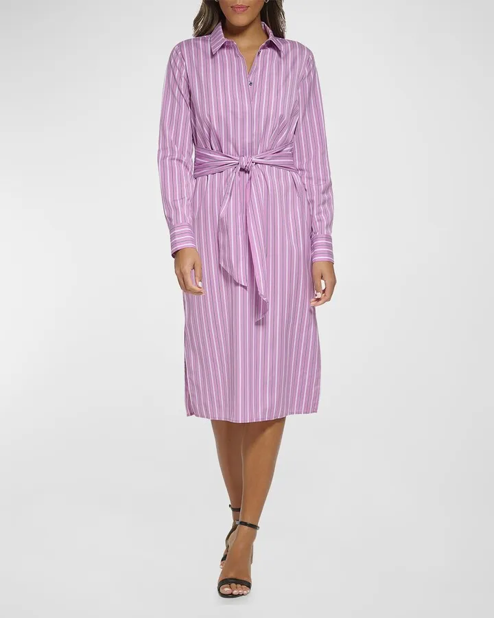 Striped Tie-Front Midi Shirtdress