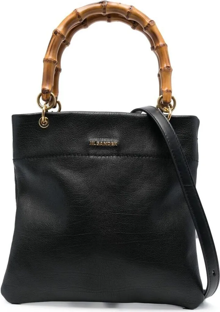 Small Black Tote Bag With Bamboo Handles In Leather Woman