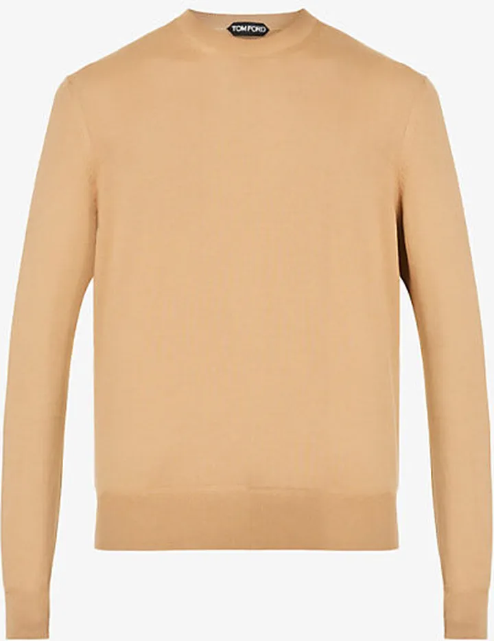 Mens Camel Crewneck Knitted Regular-fit Cotton Jumper