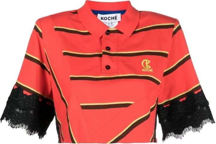 Striped Lace-Trim Cropped Polo Shirt