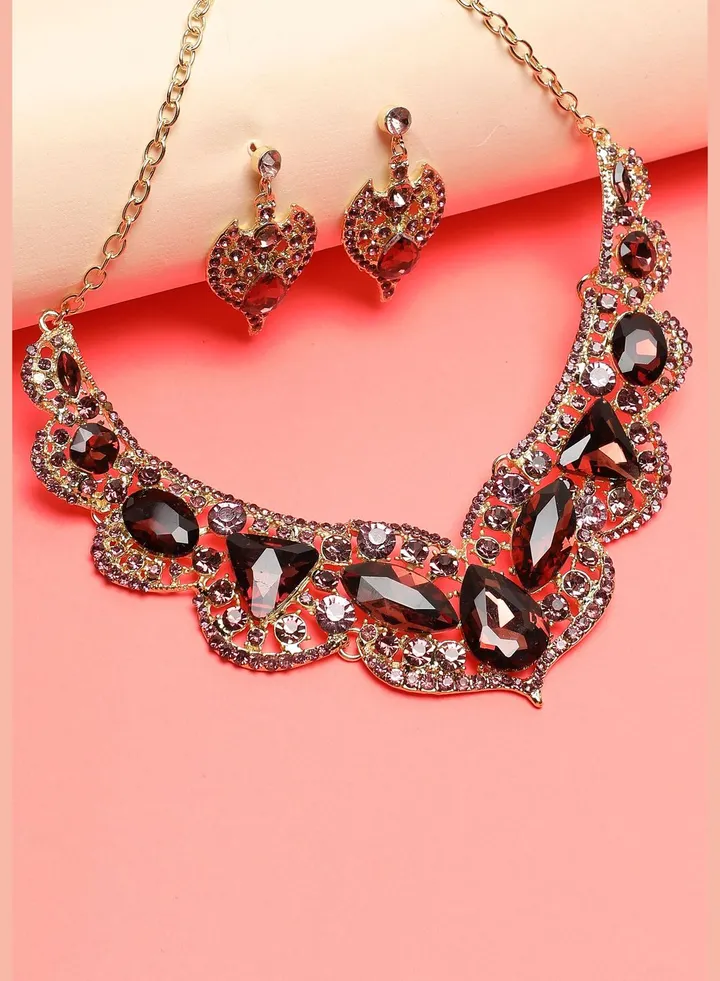 Gold Plated Designer Stone Party Necklace and Earring Set For Women