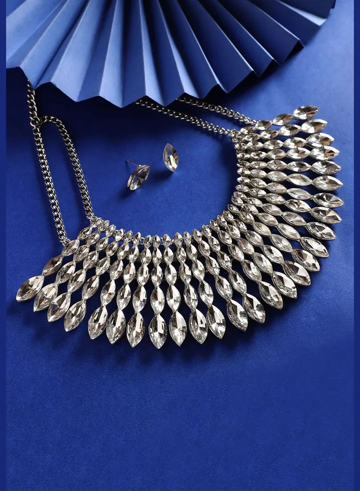 Silver Plated Designer Stone Party Wear Necklace and Earring Set For Women