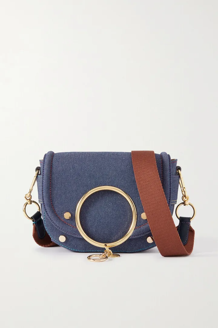 See By Chloé - Mara Embellished Leather-trimmed Denim Shoulder Bag - Blue