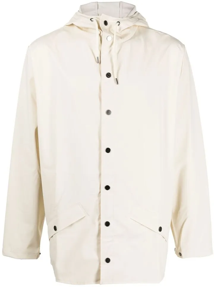 Drawstring-Hood Buttoned Rain Jacket