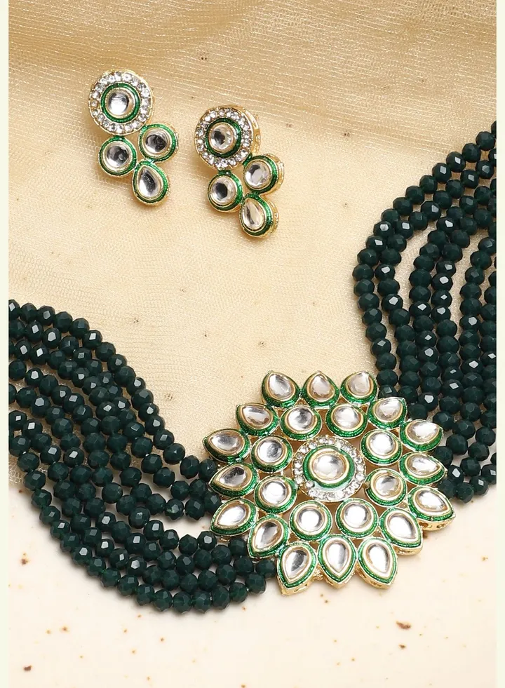 Gold Plated Kundan Beaded Party Necklace and Earring Set For Women