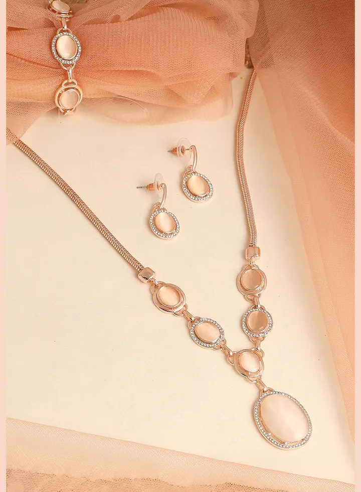 Gold Plated Designer Stone Necklace, Earring, Ring and Bracelet Set