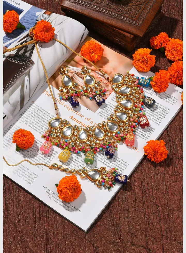 Gold Plated Kundan Beaded Necklace, Earrings and Maang Tikka Set