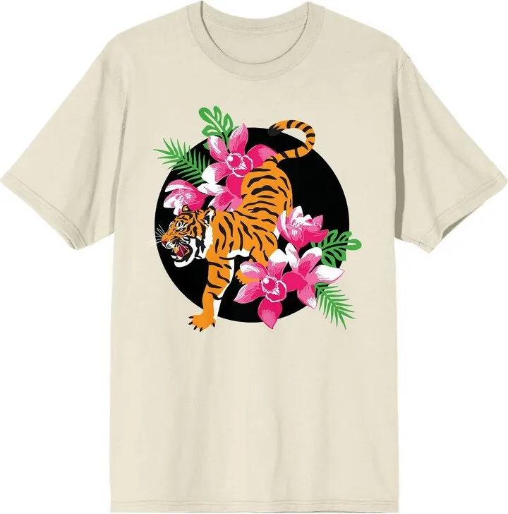 Natural World Tiger And Tropical Flowers Men’s Natural T-Shirt-3XL
