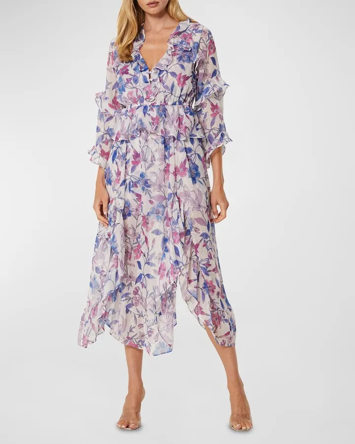 Karina Ruffle-Trim Floral Chiffon Midi Dress