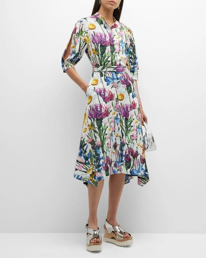 Floral-Print Elbow-Sleeve Midi Shirtdress
