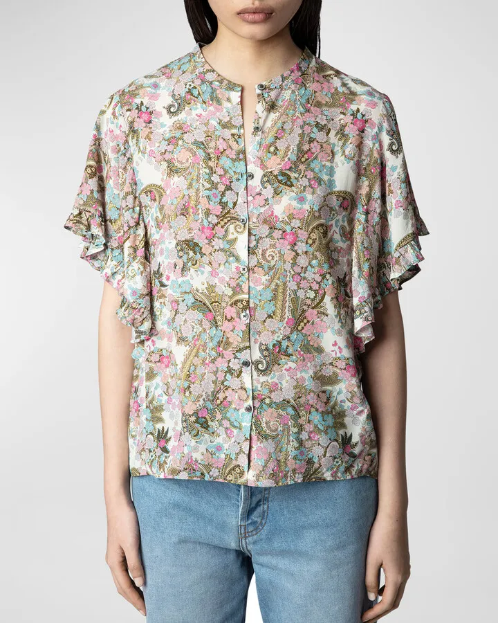 Tafi Floral-Paisley Button-Front Top