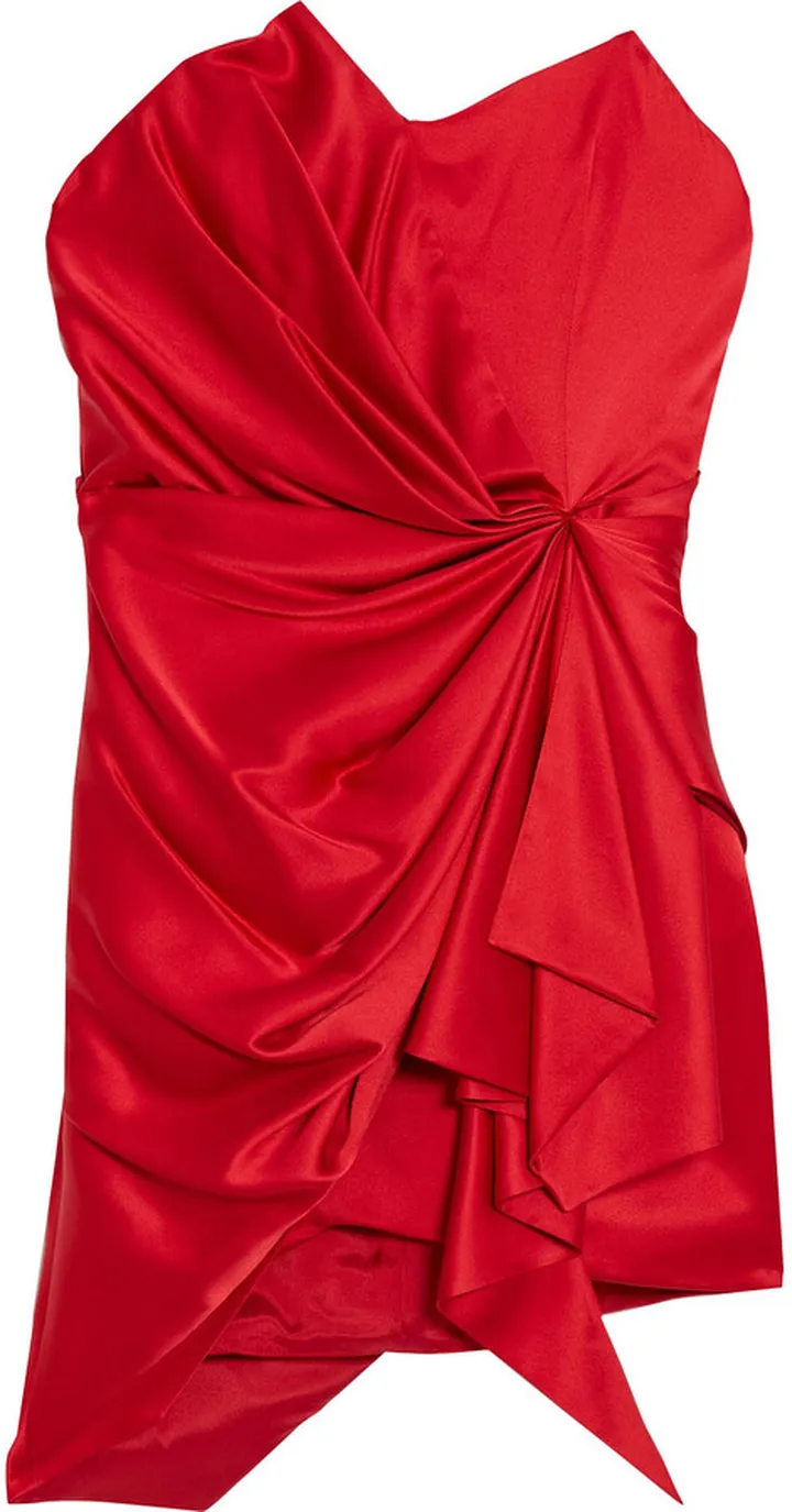 Strapless layered draped stretch-silk satin mini dress