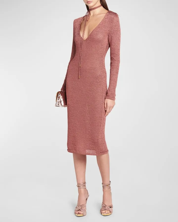 Plunging Neck-Tie 5GG Shiny Rafia Midi Dress