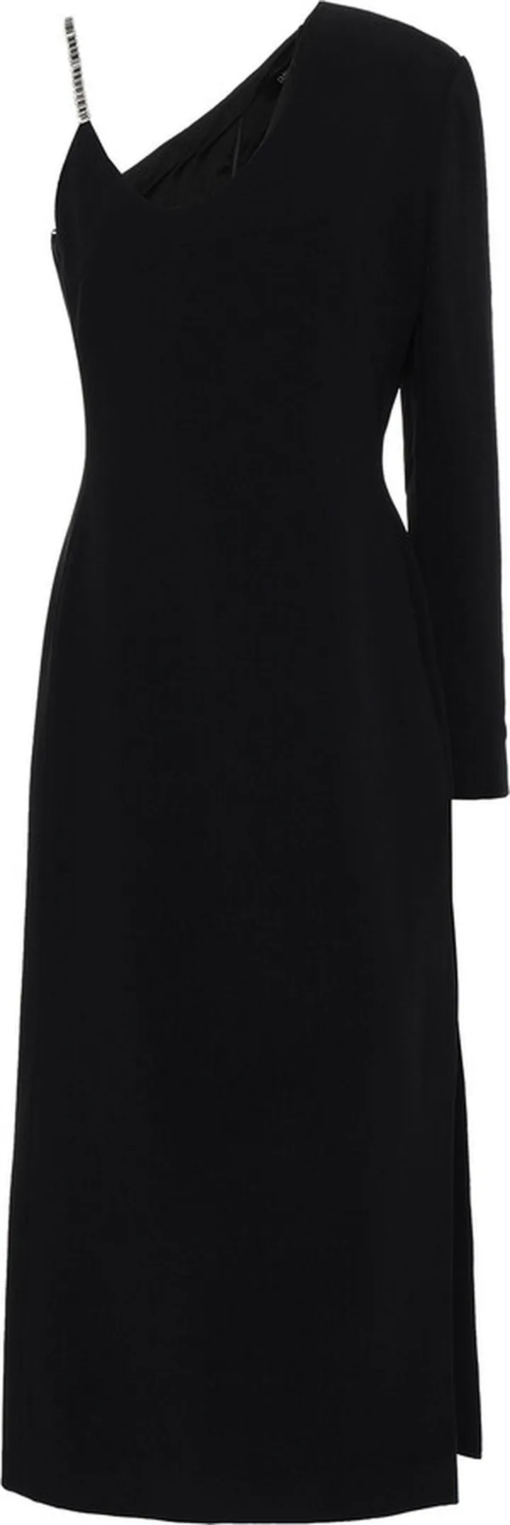 One-sleeve crystal-embellished cady midi dress