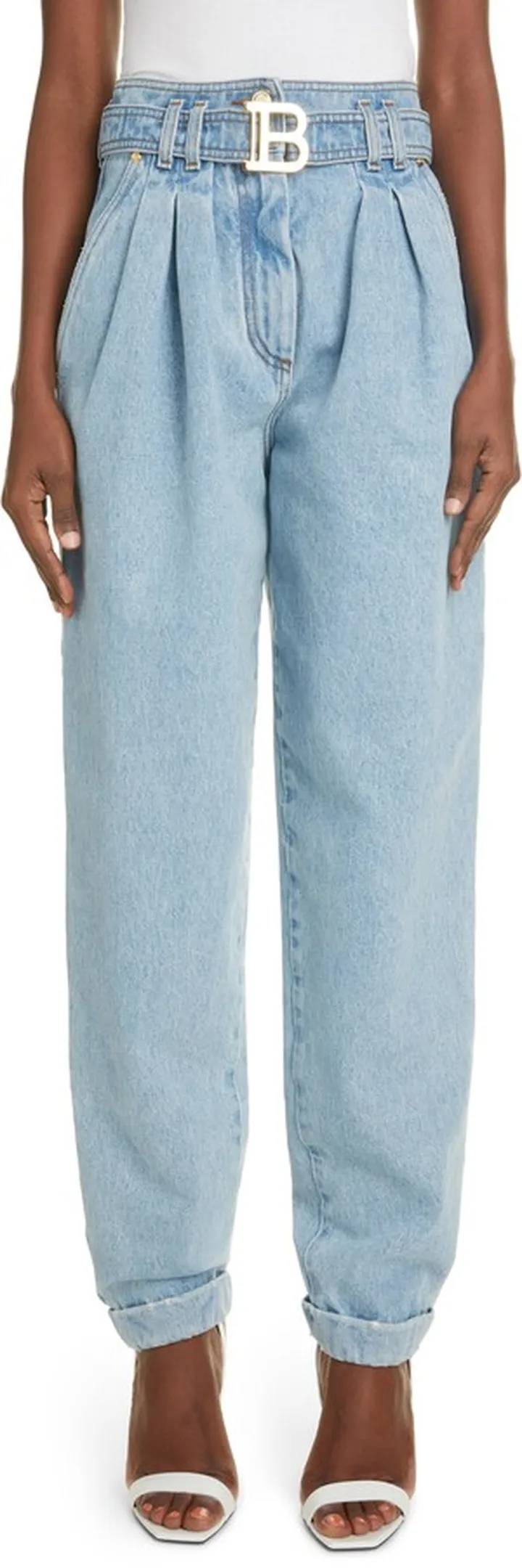 Belted Pleated High Waist Boyfriend Jeans