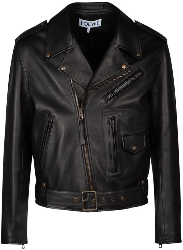 Belted leather biker jacket