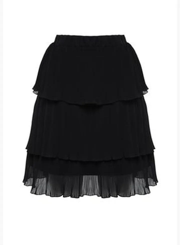 Black Pleated Skirt Ruffled Chiffon Fabric Mini Size Woven Skirt TWOSS24ET00047