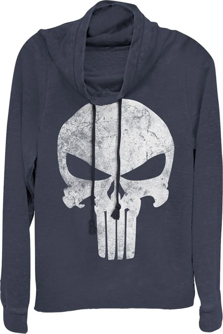 Junior's Marvel Punisher Retro Skull Symbol Cowl Neck Sweatshirt - Navy Blue - X Small