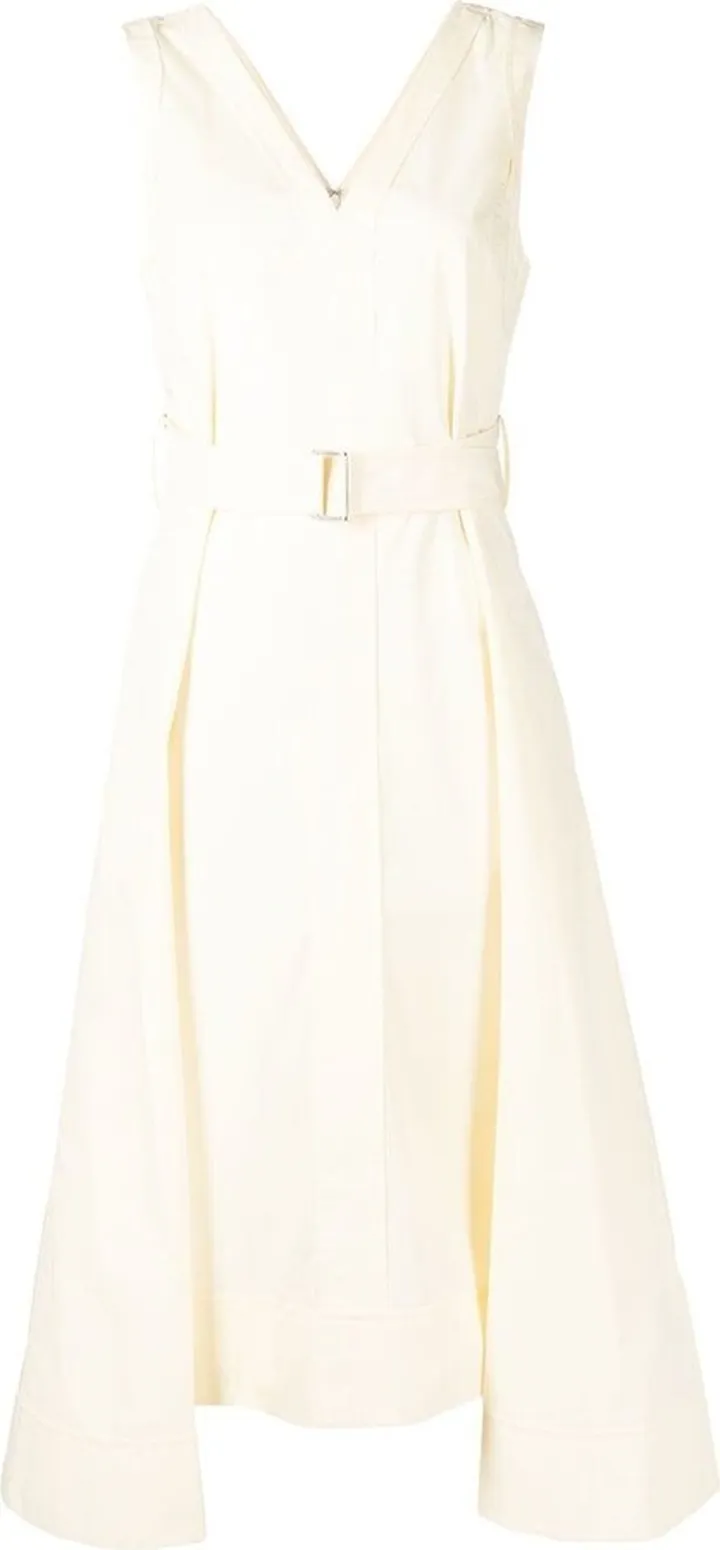 V-neck belted sleeveless midi dress