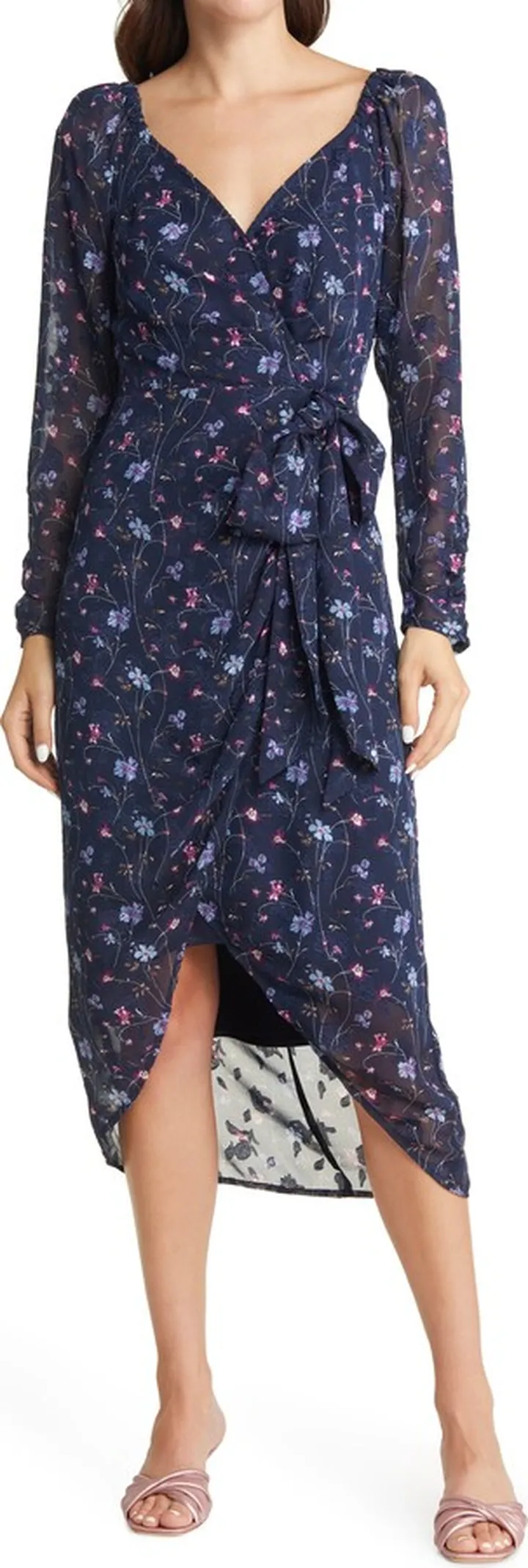 Floral Wrap Front Long Sleeve Midi Dress