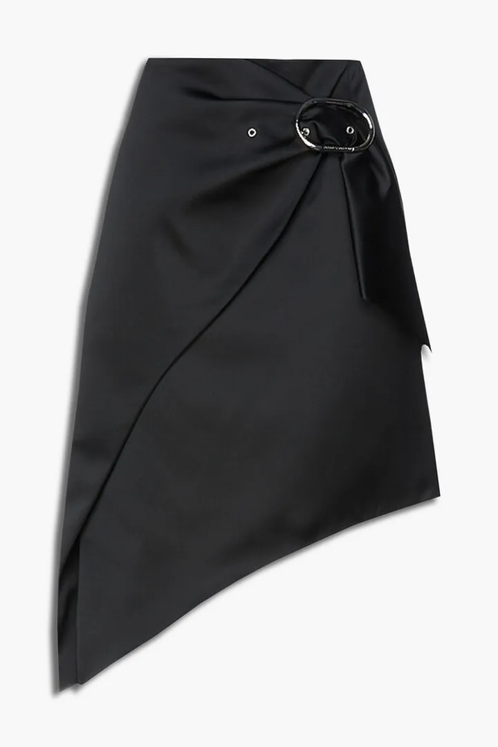 Asymmetric buckled satin mini skirt