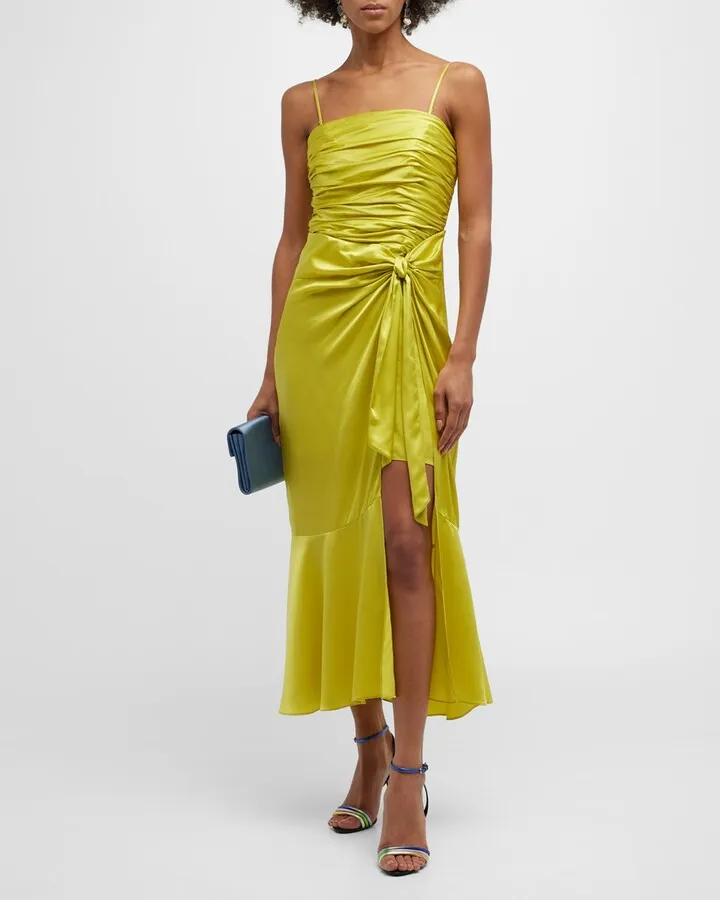 Katz Side-Tie Shirred Silk Midi Dress