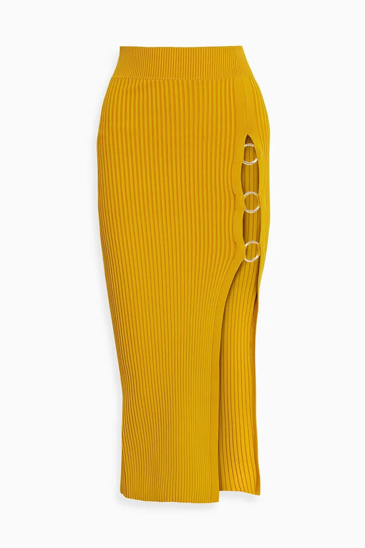 Janella embellished ribbed-knit midi skirt