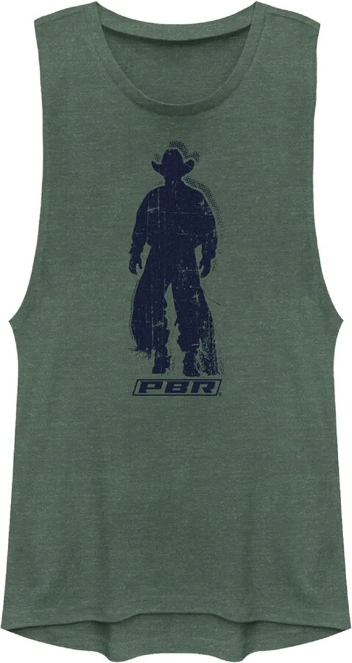 Junior's Professional Bull Riders Distressed Cowboy Silhouette Festival Muscle Tee - Pine Green Heather - X Small